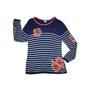 Laura Scott Striped Floral Naitical Navy Blue Peach Sweater Soft L/XL